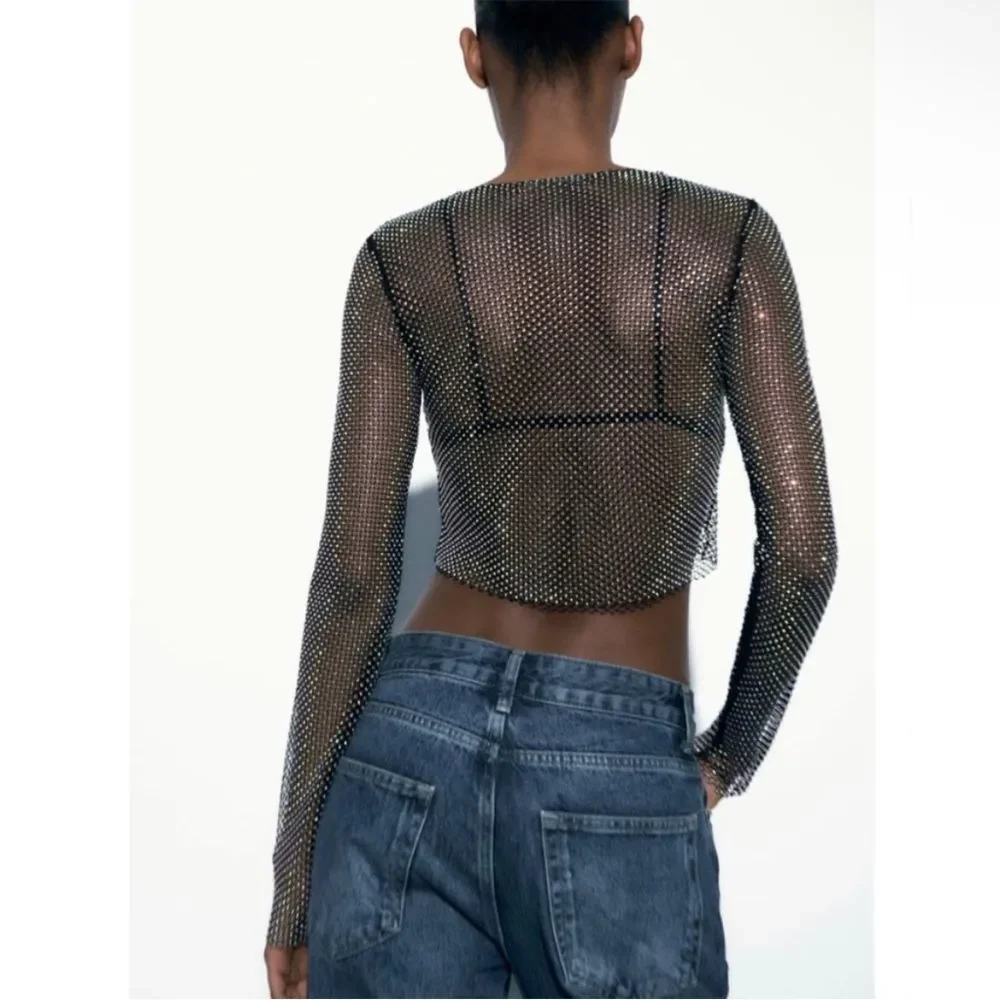 Zara SHIMMER MESH CROP TOP Black 2712/316/186/009